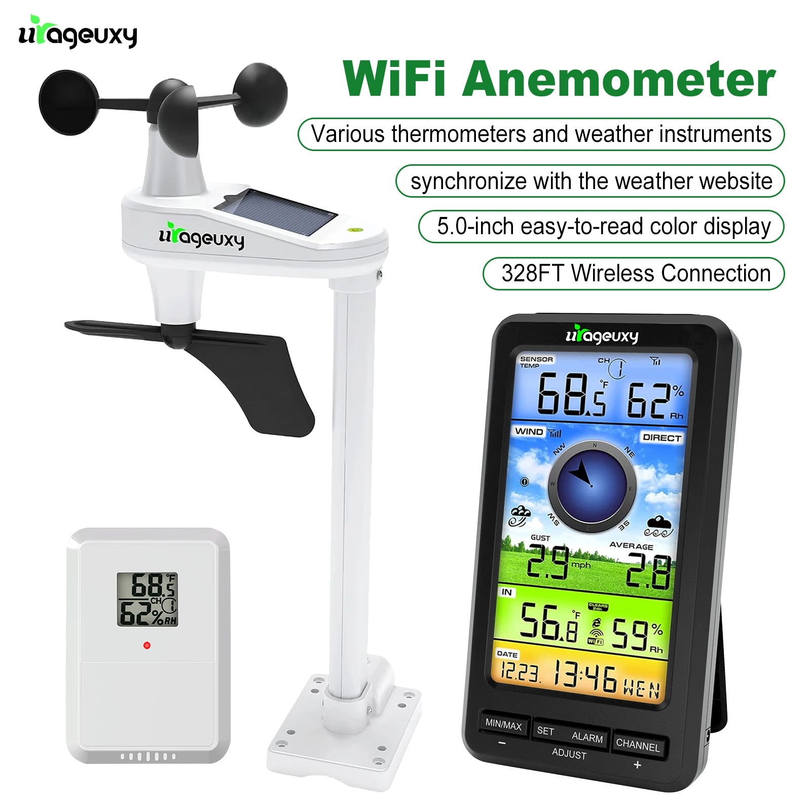 WiFi Anemometer Weather Station - Smart Wireless Wind Speed/Direction Sensor Indoor/Outdoor Thermometer Hygrometer with Online