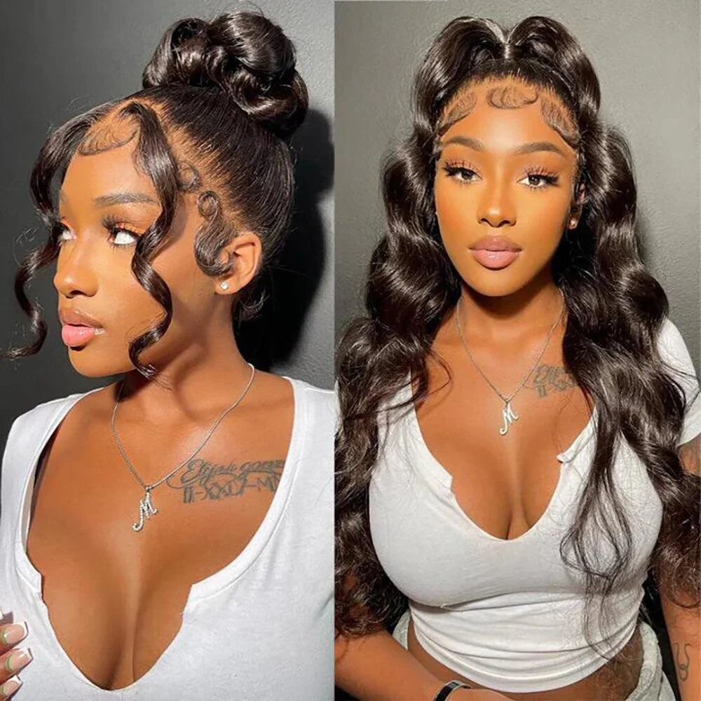13x4 HD Lace Frontal Natural Black Wig 40 Inch Brazilian Body Wave Human Hair 250 Density Pre Plucked Baby Hair Smooth Bouncy Hair Extensions