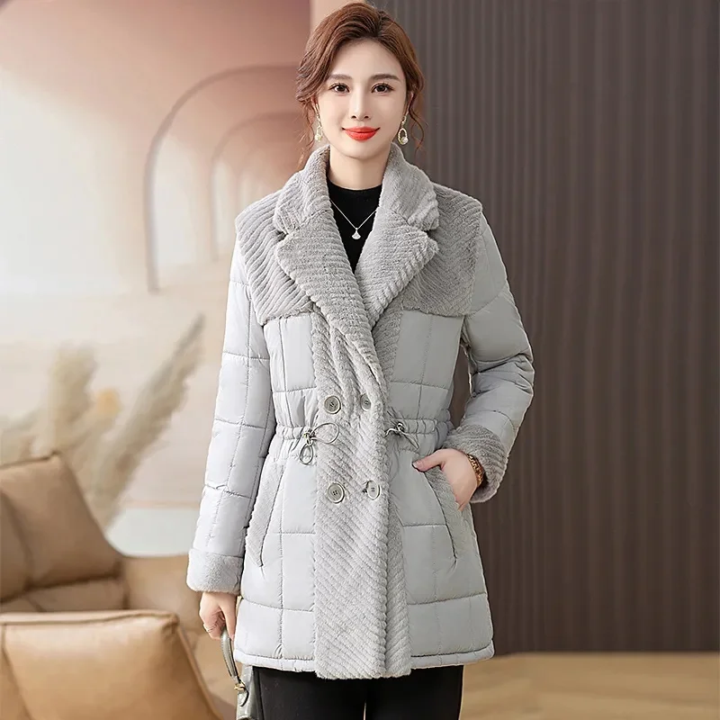 Streetwear Women's Winter Coats Fur Patchwork Cotton-padded Jacket Double-breasted Turndown Collar Long Parkas Slim Overcoat