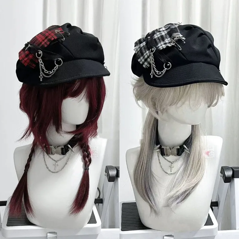 

Japanese Subculture Hottie Women's Cap Harajuku Gothic Lolita Beret Hat Y2K Girl Boy Steampunk Punk Chain Handmake Sun Hats