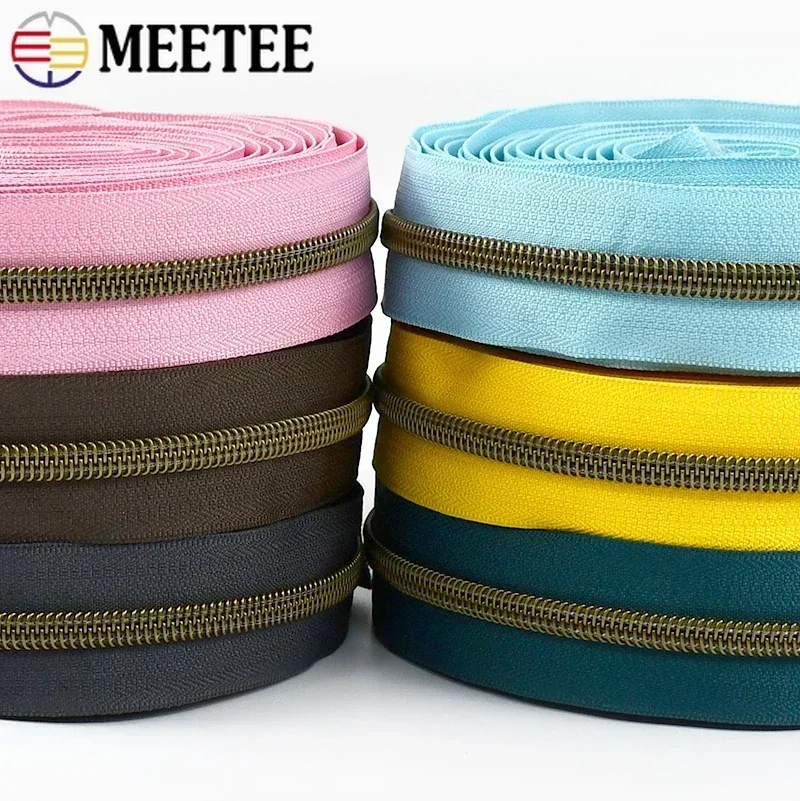 5/10/20/30/50M 5# Nylon Zipper Colorful Tape Bronze Teeth Open-End Zips Tailor for Bag Clothes Repair Kit DIY Sewing Accessories