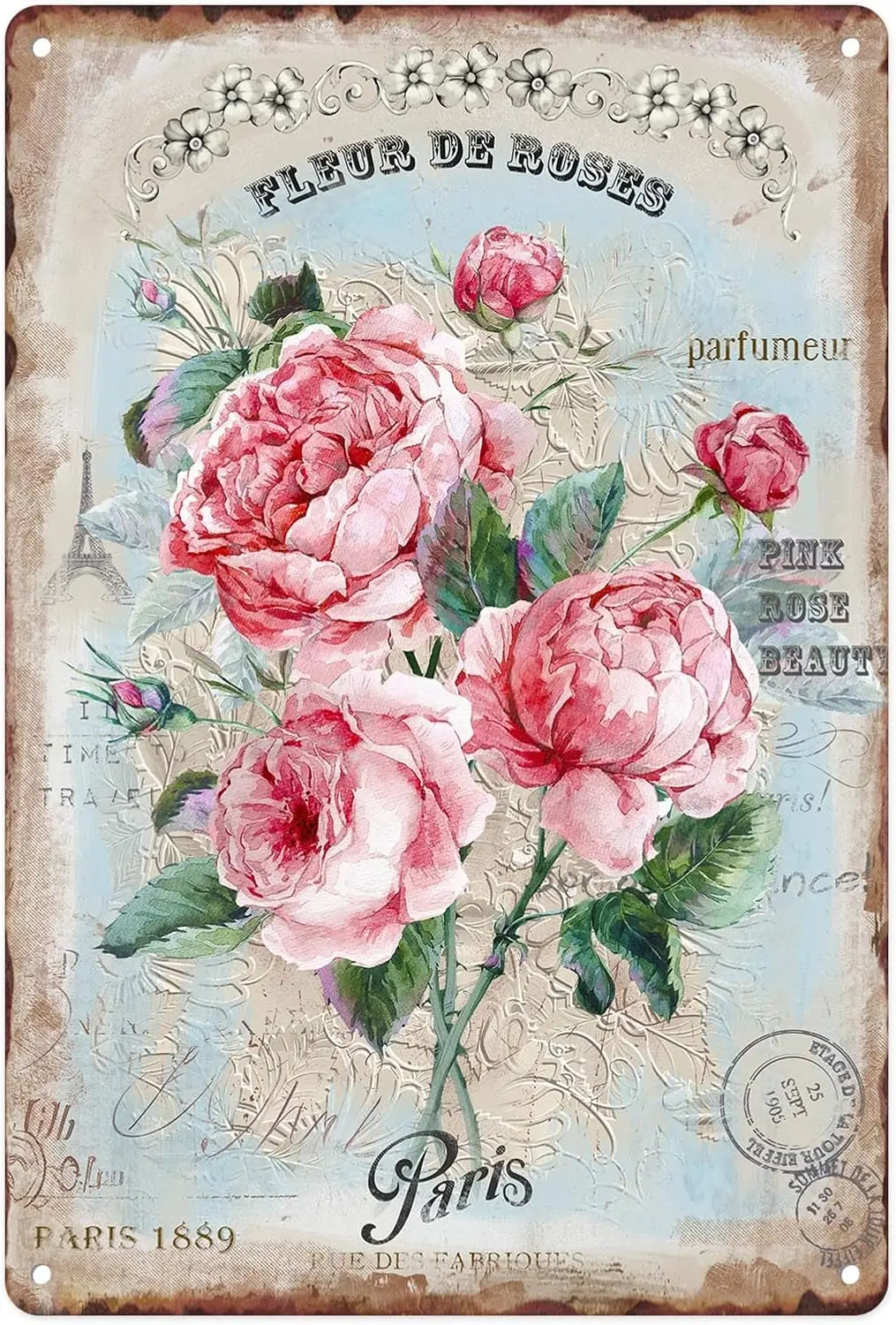 Metal Sign  , Pink Floral Rose Vintage Tin Sign Wall Art Decor for Home, Living Room, Kitchen, Garden, Bedroom, Office, Hotel, C