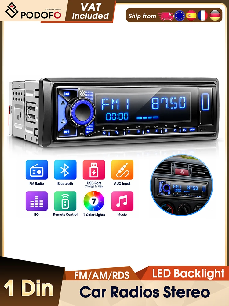 Podofo – samochodowy odtwarzacz MP3 z ekranem LCD, Bluetooth, FM, AM, RDS, ekranem VA, regulacją EQ, portem USB i AUX, podświetleniem LED, wyświetlaczem LCD, 12 V, samochodowe radio stereo. — 2