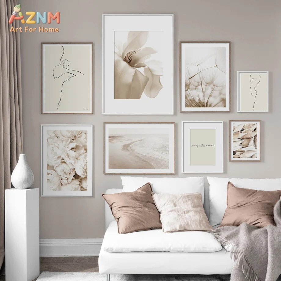 AZNM Boho Neutral Beige Canvas Wall Art Minimalist Floral Dandelion Ballet Line Art Coastal Beach Aesthetic Soft Tone Unframed H