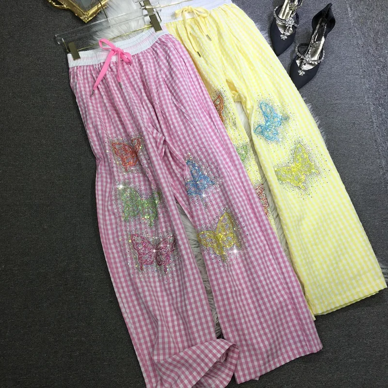เพชรเจาะกางเกงผู้หญิงลดอายุผีเสื้อลายสก๊อตขาตรงเอวกางเกงขากว้างผ้าฝ้ายฤดูร้อนกางเกงบาง