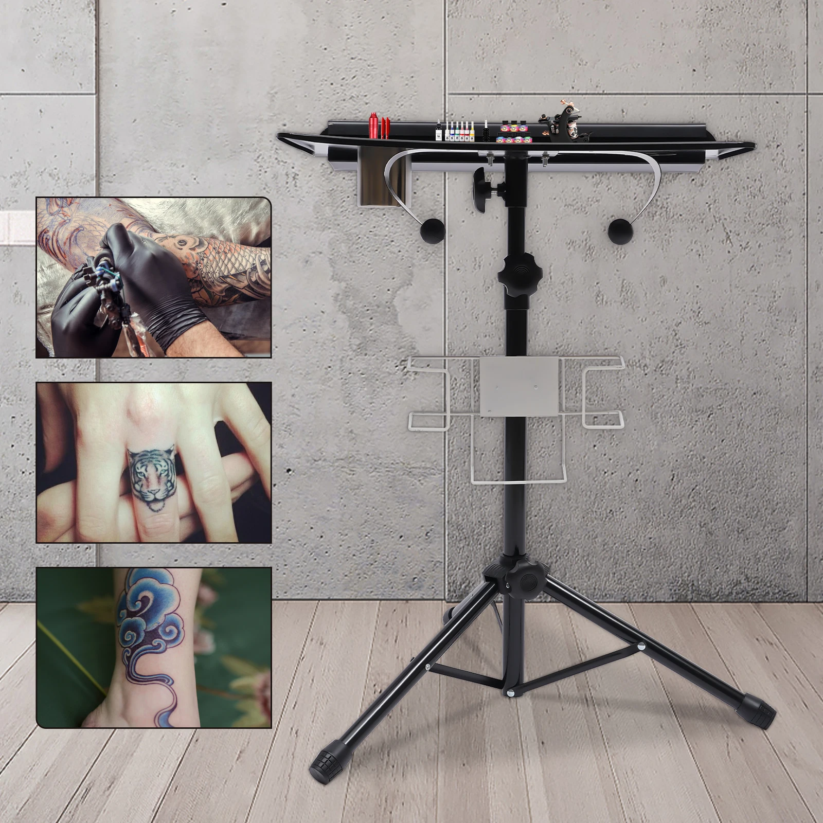 แบบพกพา Tattoo Workbench Stand สีดําอิสระ Tattoo Workstation ปรับความสูง Tattoo ตารางสําหรับผู้เริ่มต้น