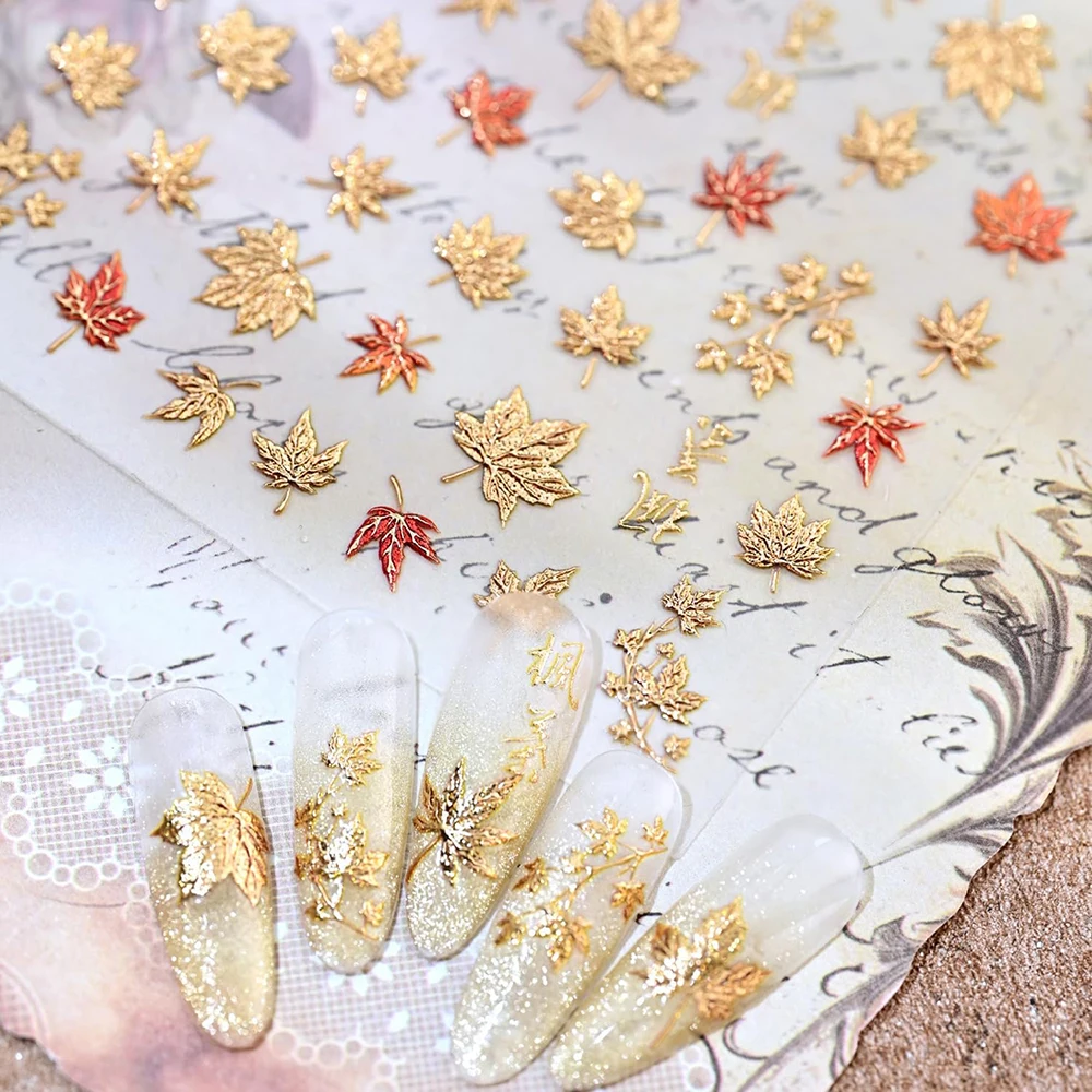 Herbstgold-Rote Ahornblatt-Nagelaufkleber 5D Geprägte Herbstthemen-Sticker Selbstklebende Zarte Maniküre-Accessoires für die Saison – Detail 1