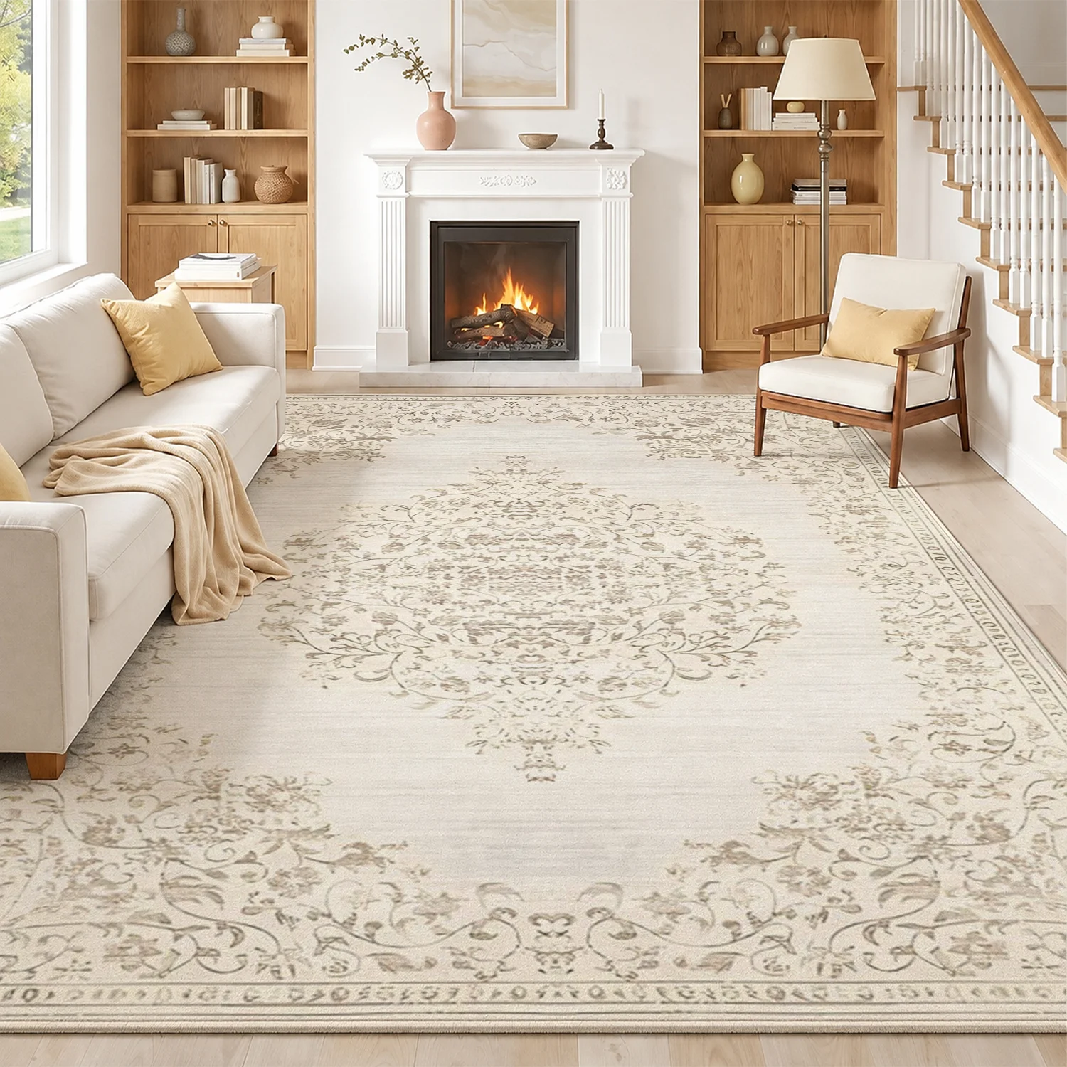 Large Indoor Area Rug, Soft Velvet Low Pile with Non-slip Dotted Backing, Machine Washable Vintage Floral Medallion Rug, Neutral Light Beige Area Rug for Living Room, Bedroom, Entryway