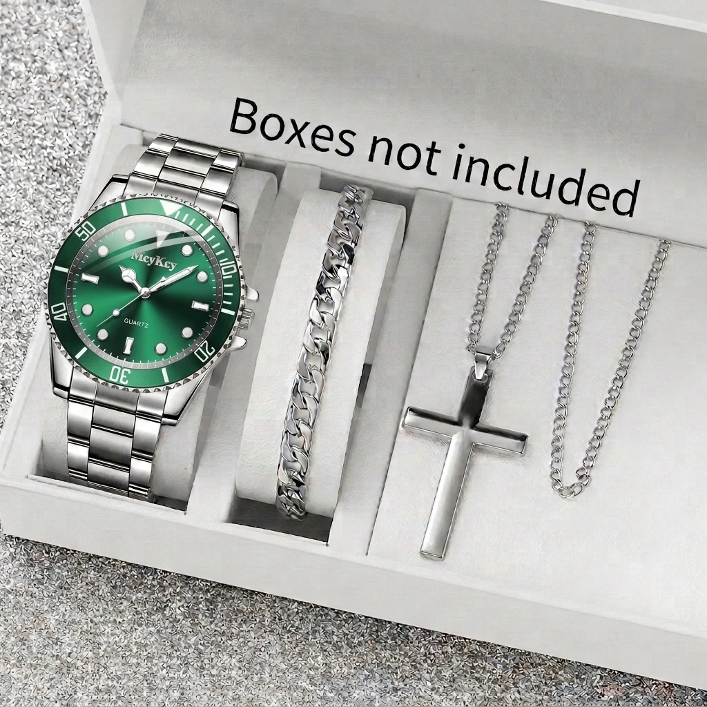3PCS Fashion Men Quartz Watch Necklace Bracelet Set Stainless Steel Band Business Wristwatches Relogio Masculino（Without Box）