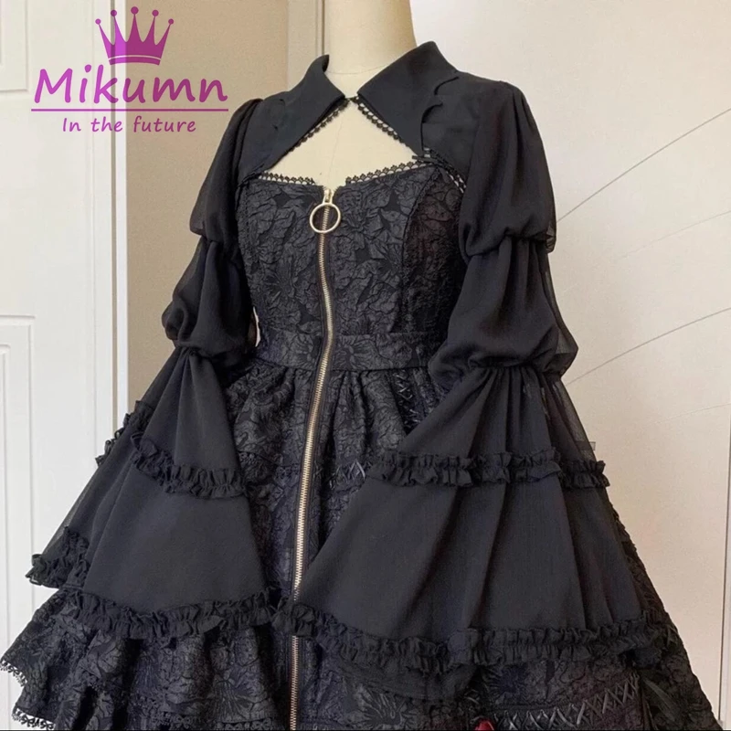 Mikumn Vintage Gothic Black Bat Neck Ruffles Flare Sleeve Cardigan Shirts Lolita Kawaii Cosplay Cropped Tops