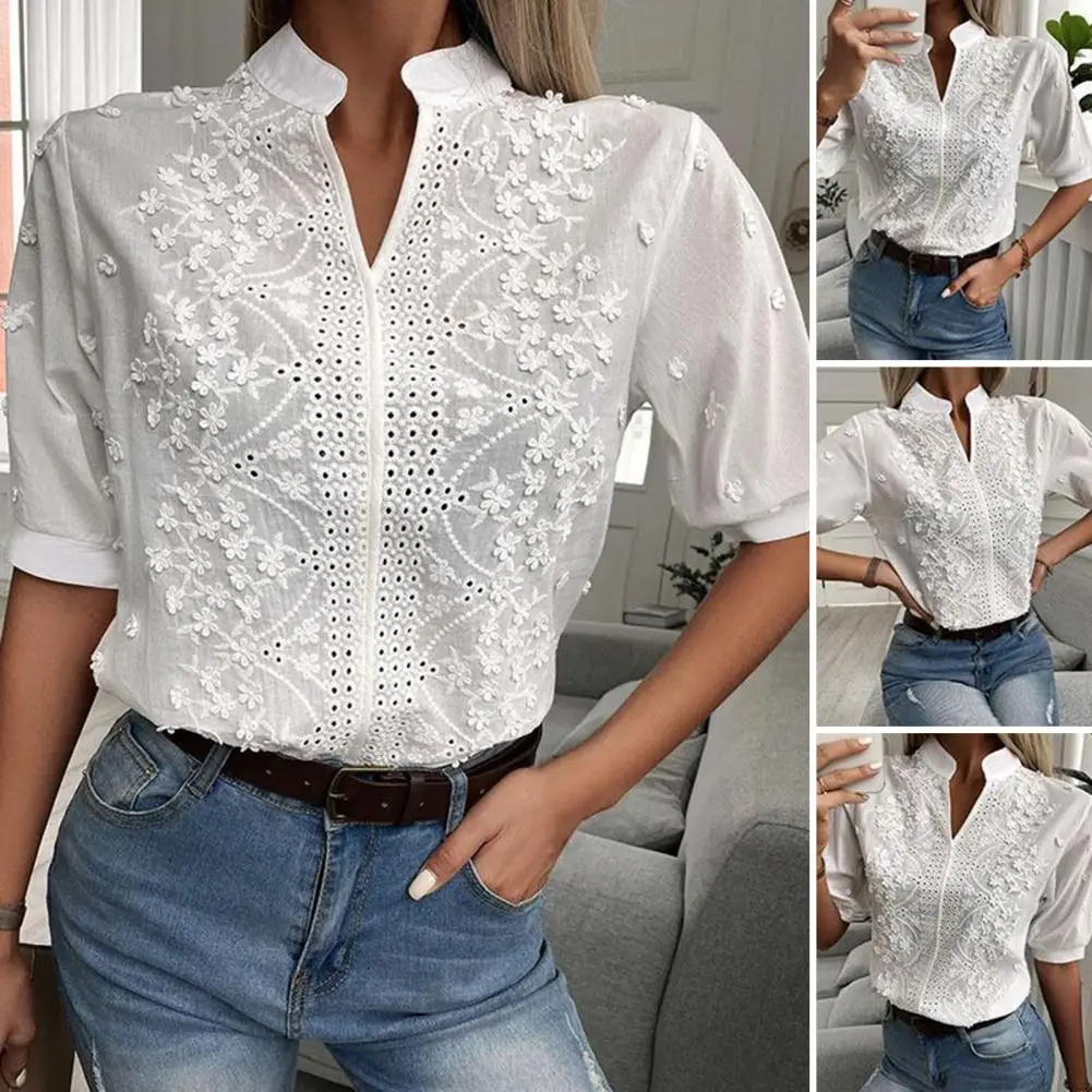 Women Casual Shirt Embroidery Floral Lace Solid Color Pullover Tops Stand Collar V-neck Half Sleeve Relaxed Fit Shirt Рубашка