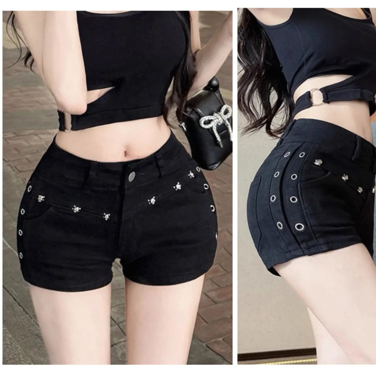 

Summer Y2k Sexy Low Waist Mini Denim Shorts Women Vintage Korean Popular Hot Girl Style Gothic Rivet Black Jeans Slim Hot Pants