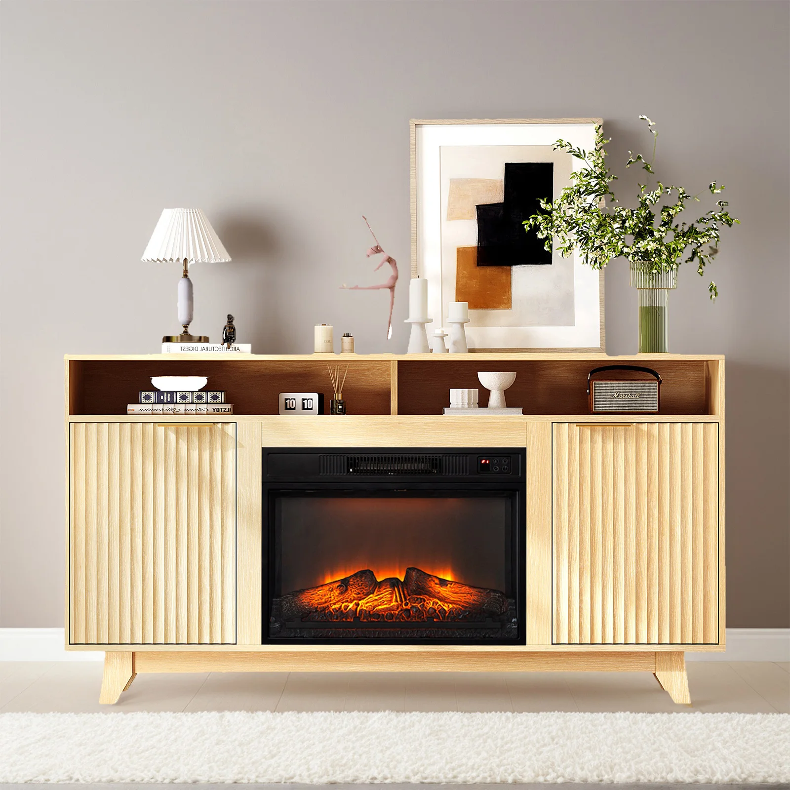 Oak Fireplace TV Stand with 23 Inch Insert Double Grid Doors Gold Handles and 2 Shelves Media Console 58 x 13.6 x 32 Inches