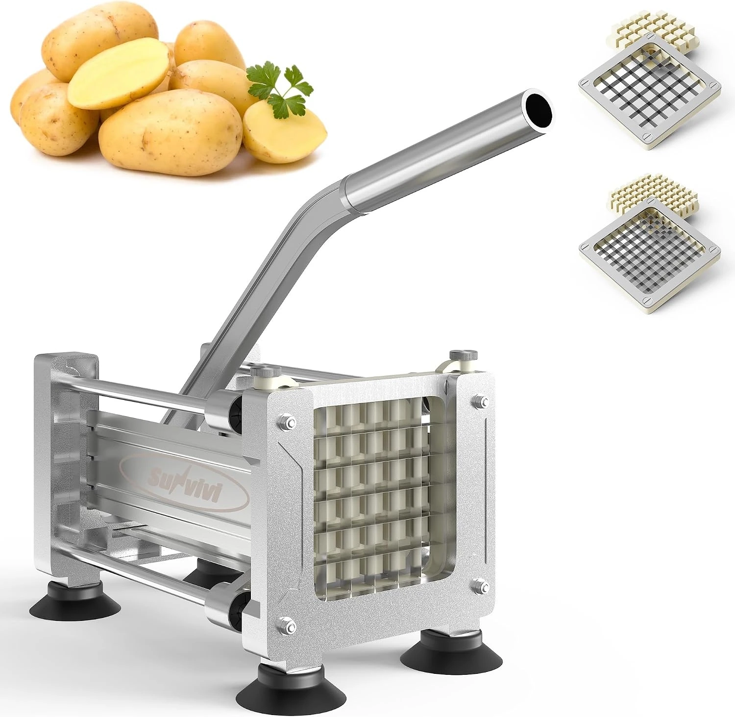 Stainless Steel French Fry Cutter with Suction Base, Professional Potato Slicer & Vegetable Chopper, 2 Replaceable Blades for Thick & Thin Fries