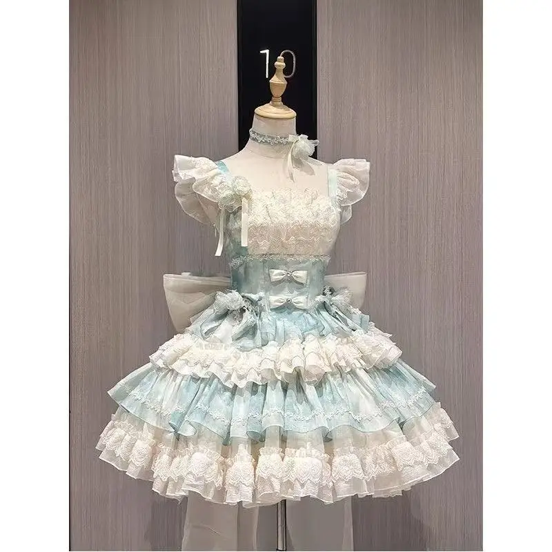 

Cute Girls Ballet Style Lolita Dress Soft Summer Green Birthday Party Bowtie Cake Skirt Women Halloween Princess Cosplay Suit