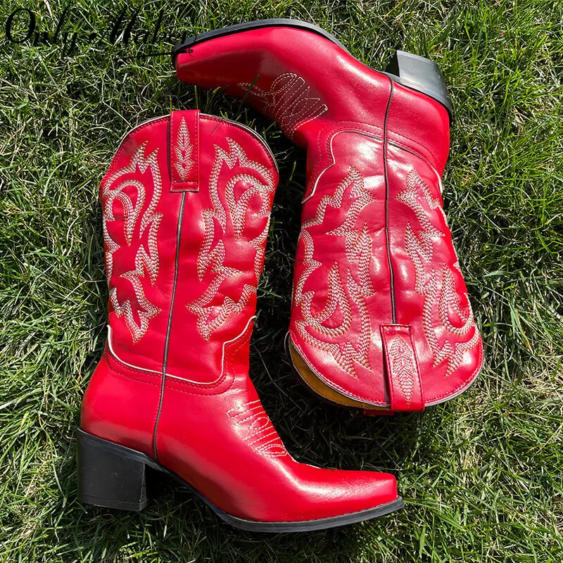 

Onlymaker Women Mid Calf Embroidered Western Cowboy Boots Wide Calf Low Heel Red Distressed Block Heel Pull-On Cowgirl Boots