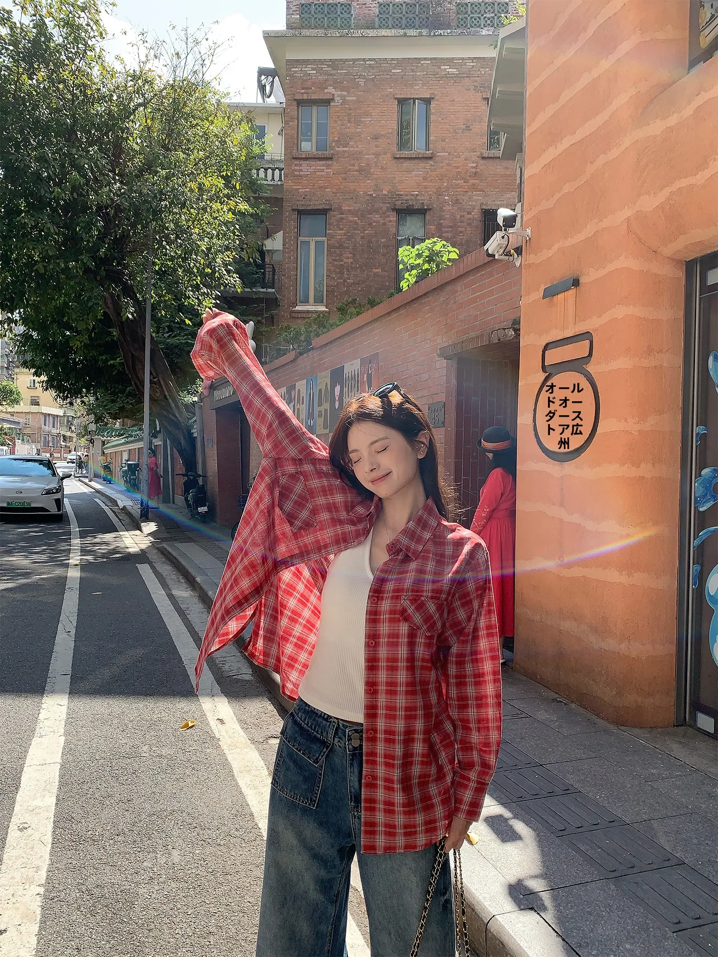 

Retro Red Plaid Women's irt 2026 New Lazy Korean Sle Loose Casual Sun Protection Open Cardigan Outerwear Comfortable Brea...