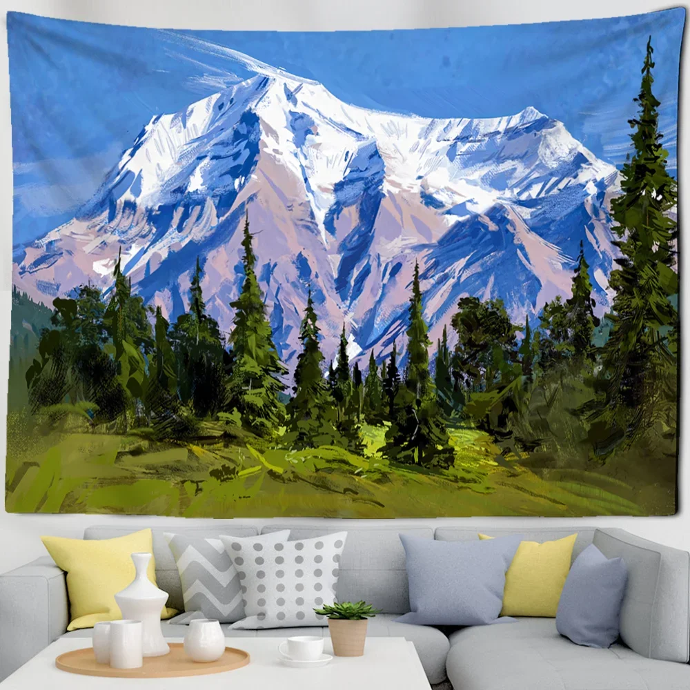 Natural Scenery Tapestry Oil Painting Landscape Wall Hanging Blue Sky Snow Mountain Print Tapestry for Living Room Office Decor