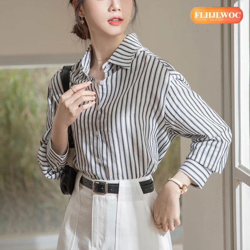 قمصان مخططة لطيف الفتيات السنة الجديدة امرأة 2026 ربيع الخريف طويلة الأكمام مكتب سيدة العمل أنيقة ركاب أساسيات القمصان #4