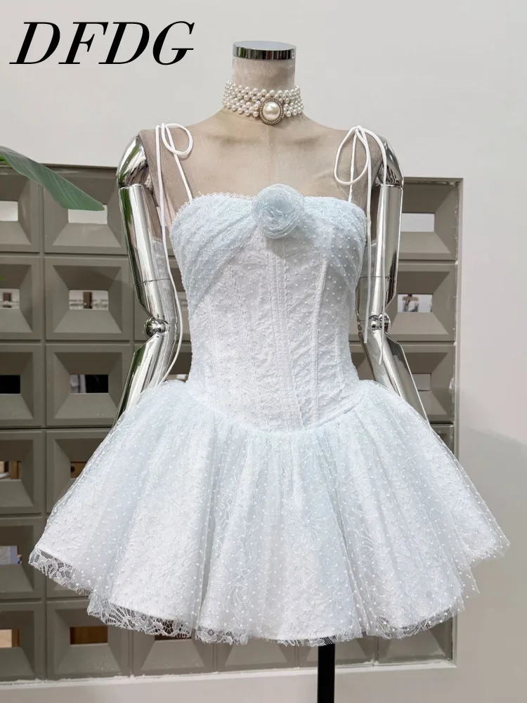 

DFDG Women's Spring Summer Strapless 3D Flower Embellished Tulle Dress Elegant Formal Party 2026 Trendy Feminine Fashion Dress