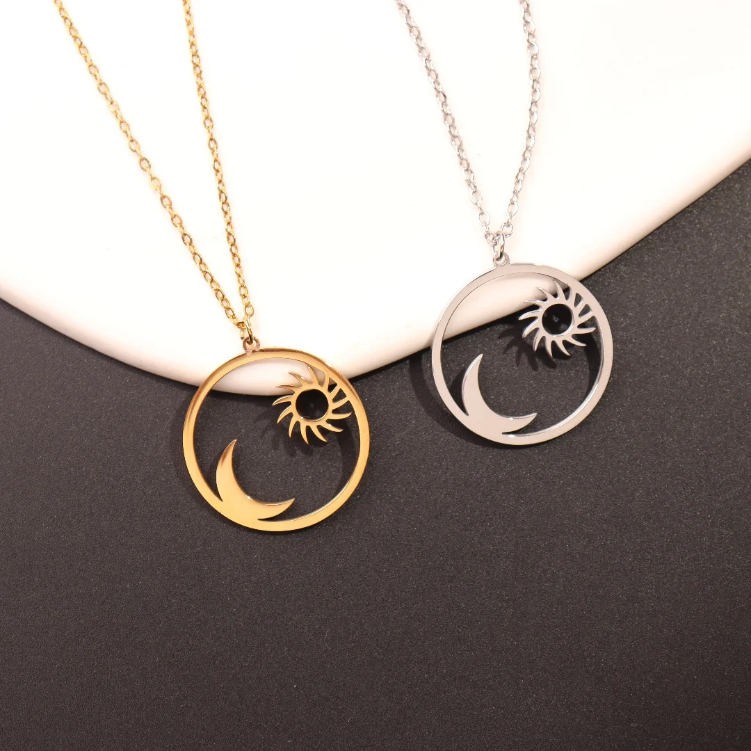 Stainless steel sun and moon pendant necklace as a delicate gift for mom