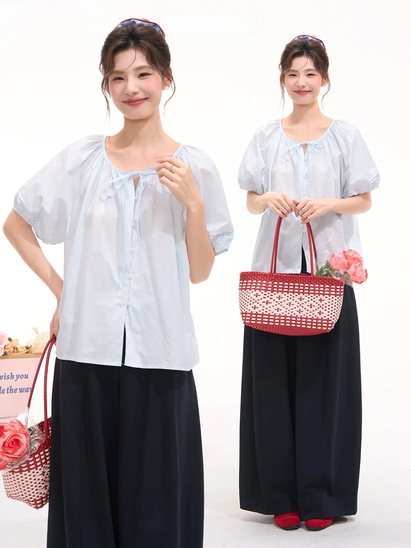 

Женская рубашка в корейском стиле Heme с коротким рукавом, плиссированным дизайном и поясом, хлопковая летняя блузка, универсальная модная блузка белого цвета.