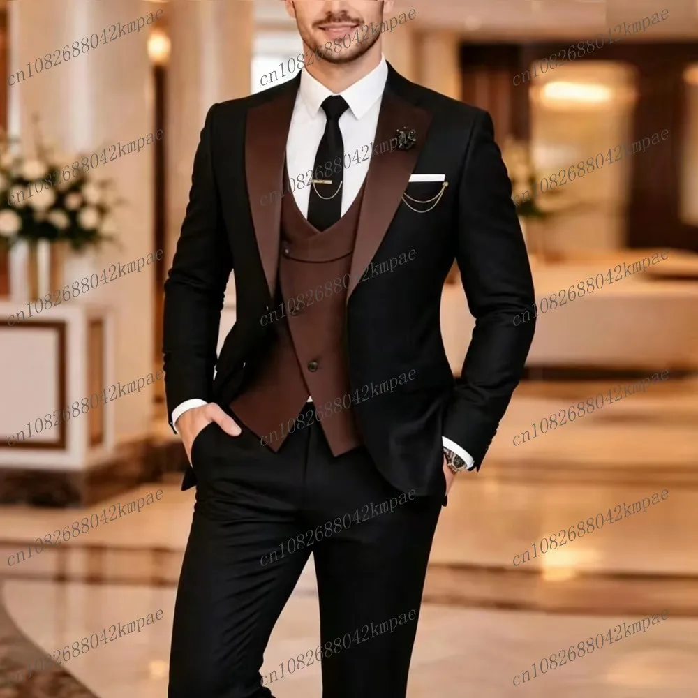 

New Black And Brown Formal Men Suit Groom Groomsman Wedding Party Prom Business Male Tuxedos 3 Piece Set Blazer Vest Pants
