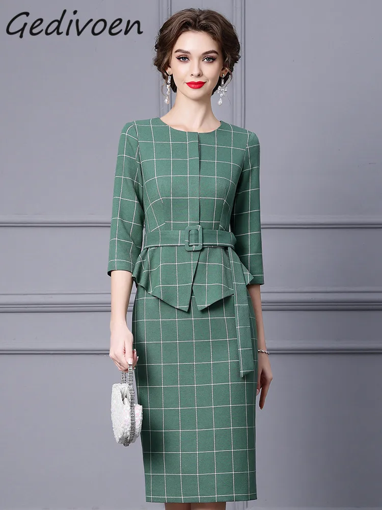 

Gedivoen Autumn Fashion Designer Vintage Plaid Spliced Dress Women O Neck Sashes Gathered Waist Package Buttocks Slit Midi Dress