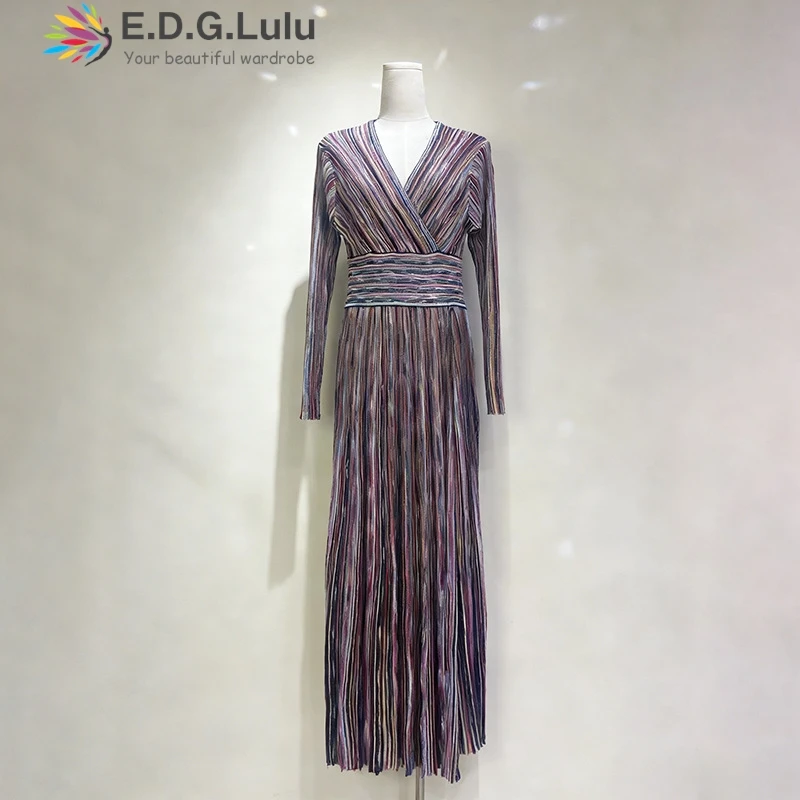 EDGLuLu  2026 Spring Summer V-Neck Long Sleeve Dress Vintage Color-Blocking Stripes Printed Long Dresses New 0128