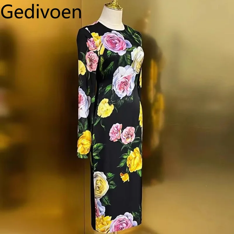 Gedivoen Autumn And Winter Women's Dress Long Sleeved High Waist Elegant Print Pretty Slim-Fit Hip Wrap Black Silk Dresses