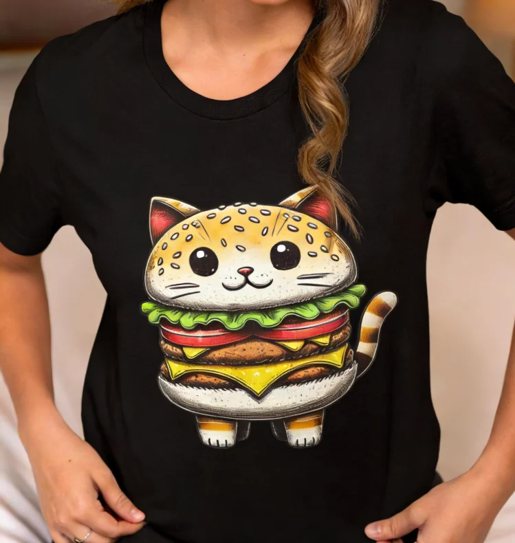 Camiseta de mujer con estampado de gato y hamburguesa, estilo kawaii, manga corta, cuello redondo, suave, lavable, ropa de calle de verano