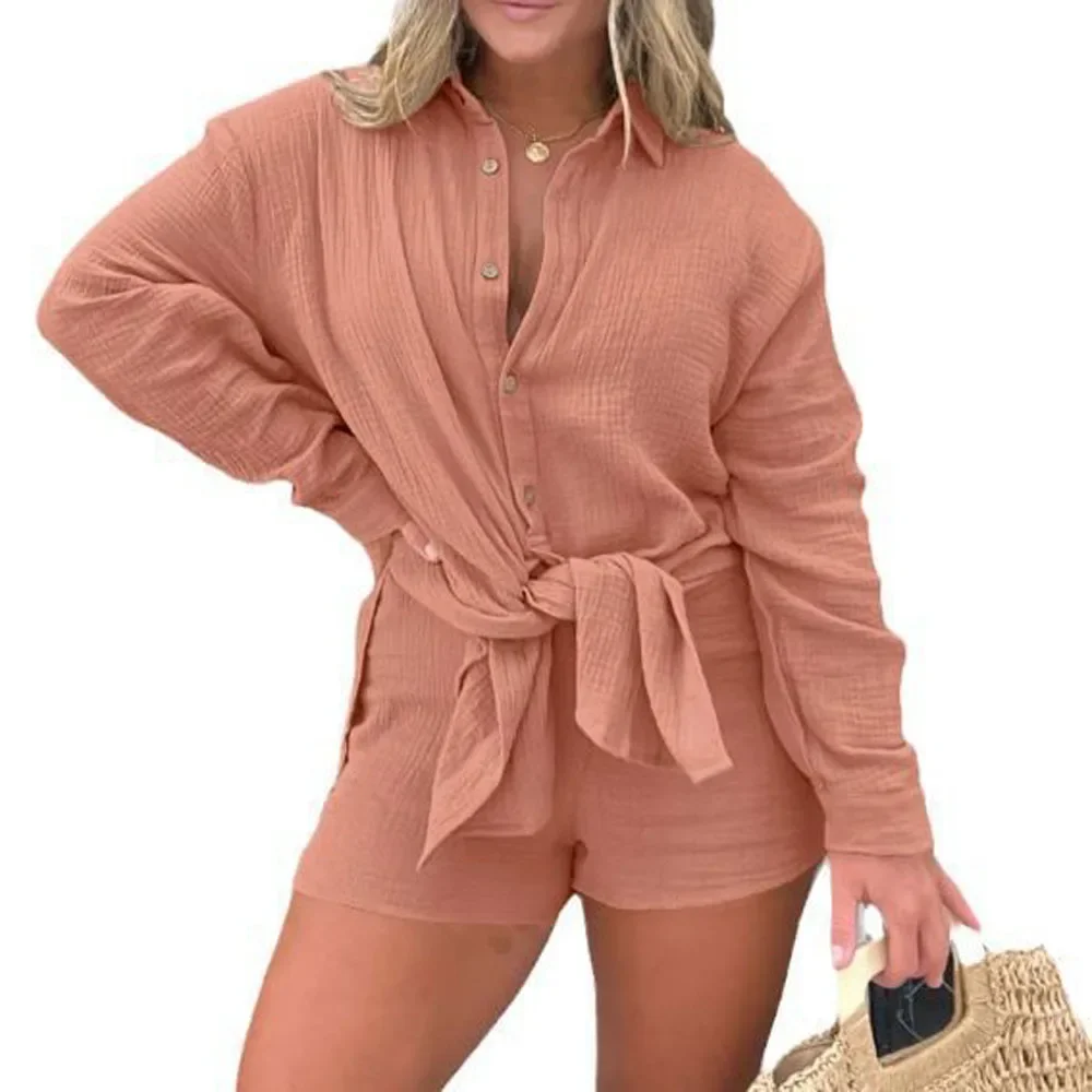 Women Loose Blouse Sets 2 Pcs Sale Casual Button Long Sleeve Blouse &High Waist Wide Leg Short Suits NMD-3015