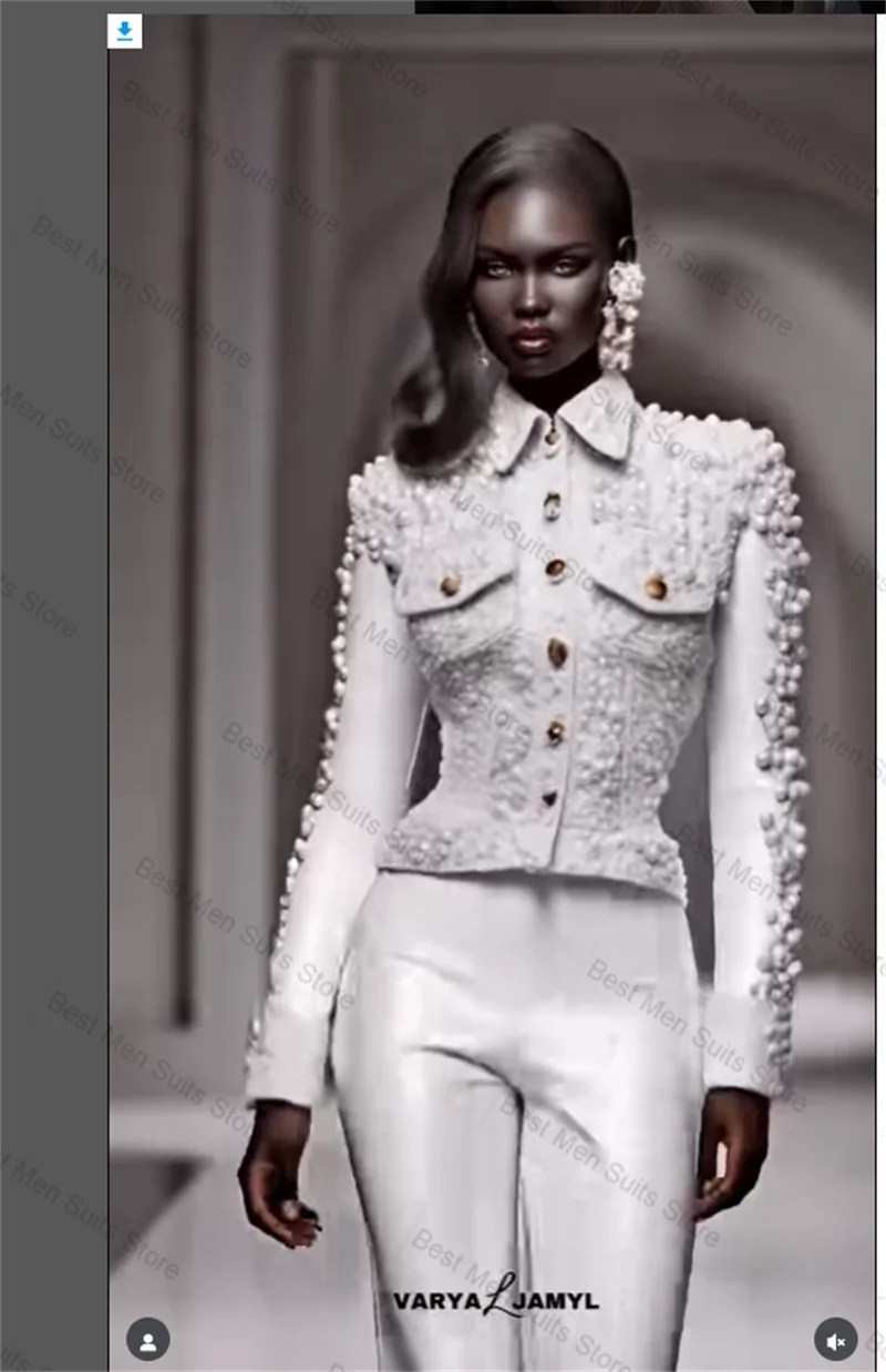 

Luxury Pearls Women Suit Set 2 Pcs White Blazer+Trousers Formal Office Jacket Customized Wedding Tuxedos Prom Coat