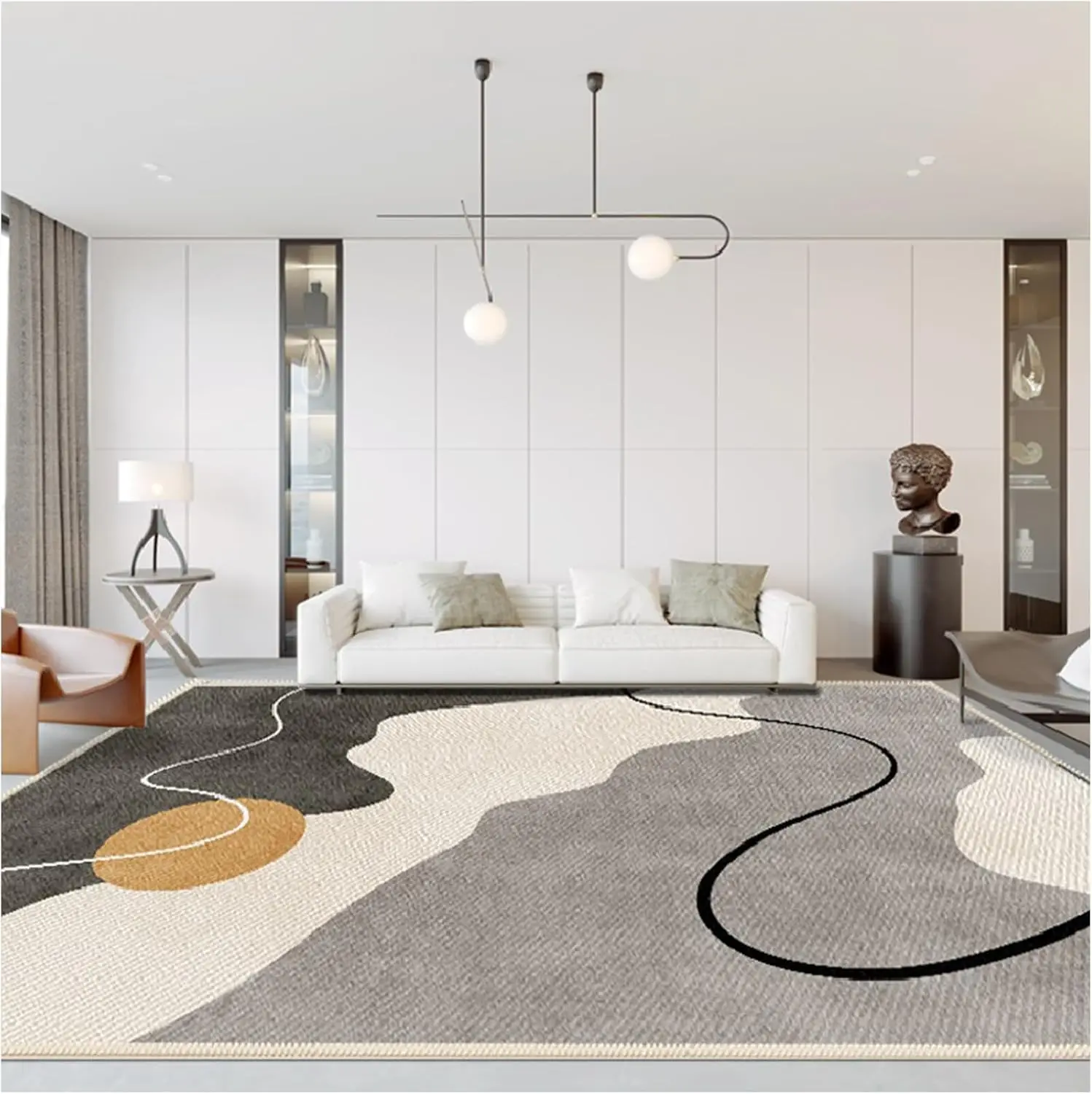 

Ковер VIKAMA в скандинавском стиле с геометрическим рисунком темно-синего основного цвета с серо-белыми градиентными краями и минималистским украшением