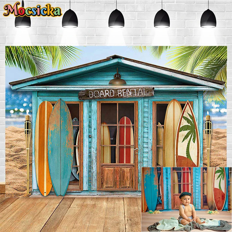 Surf Shop Photography Backdrop Summer Surfboard Sandy Beach Coconut Tree Decor Child Birthday Portrait Background Photo Studio