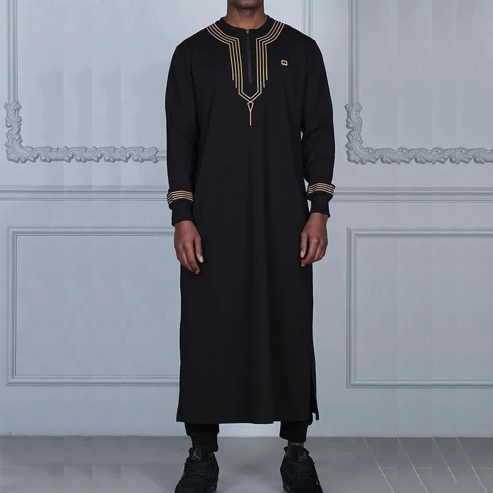 Arabic Islamic Mens Robe European And American Muslim Embroidered Embroidery Clothing Casual Loose Long-Sleeved Mens Robe