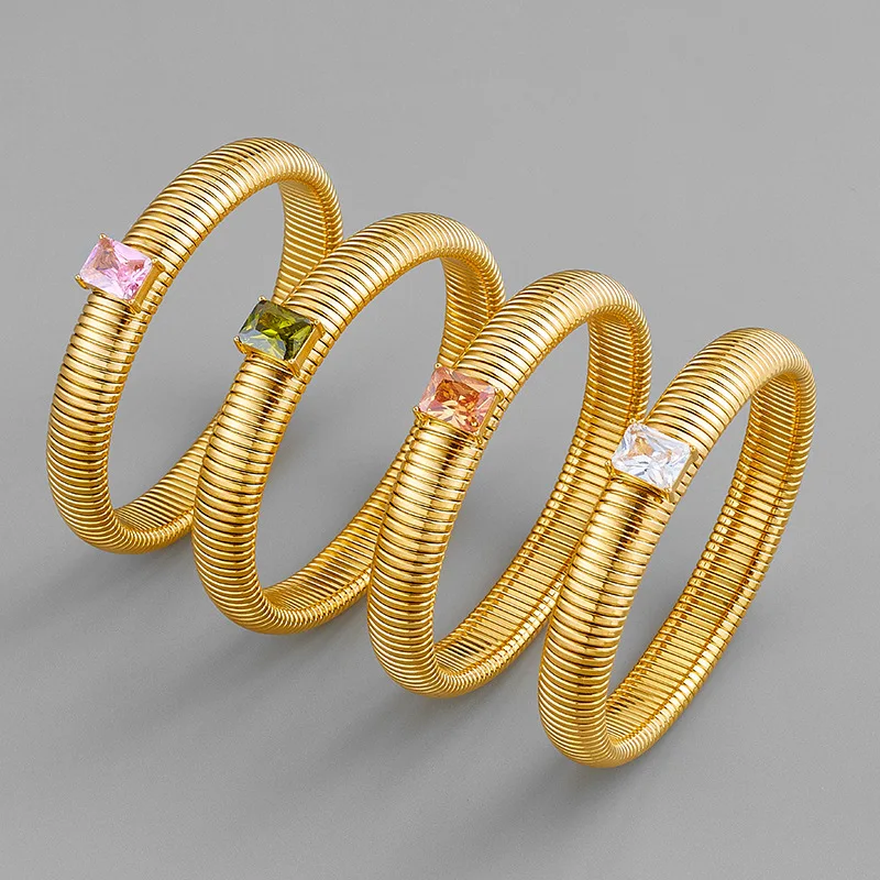 Colored gem stone elastic wide bangles stainless steel bangles for women simple elegant stainless steel jewelry new in