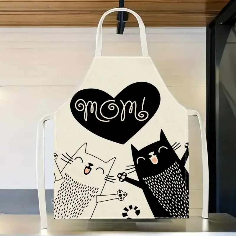1pc Mom Heart Cats Apron Cute Cartoon Black White Kitten Kitchen Cooking Baking Chef Gift For Mother Mommy Linen Bib Apron
