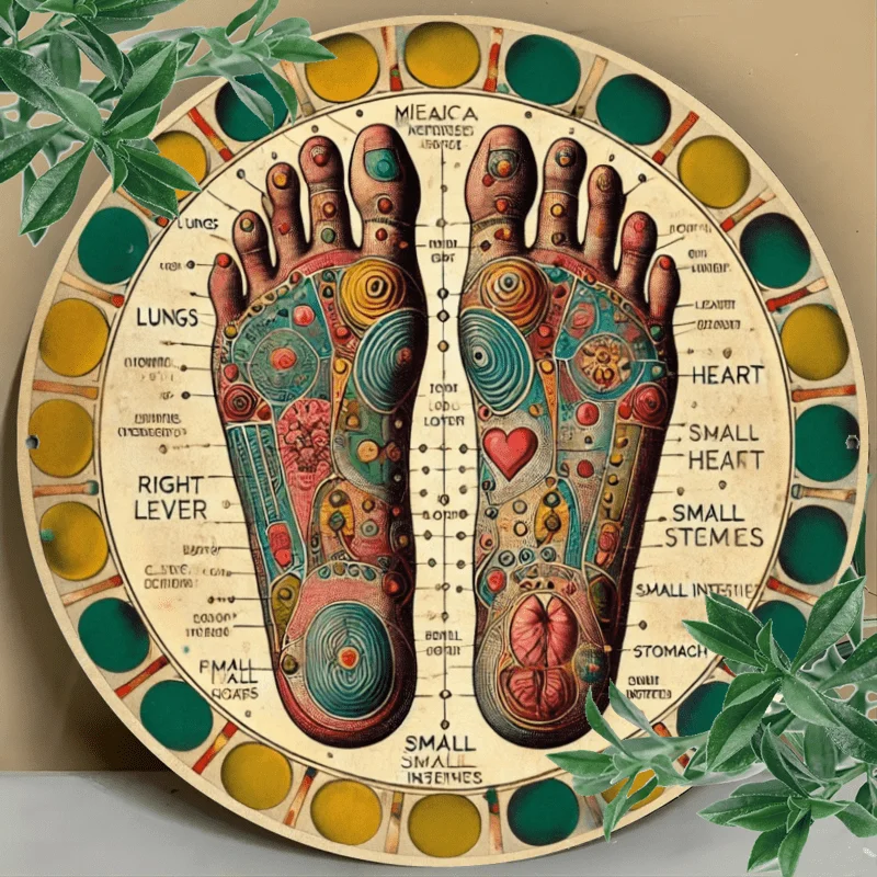 مسطح ثنائي الأبعاد، قطعة واحدة من خريطة تحفيز الضغط الإبري العتيقة للقدمين - لافتة قصدير معدنية من الألومنيوم المتين لعلم انعكاس القدم والاسترخاء والمنزل