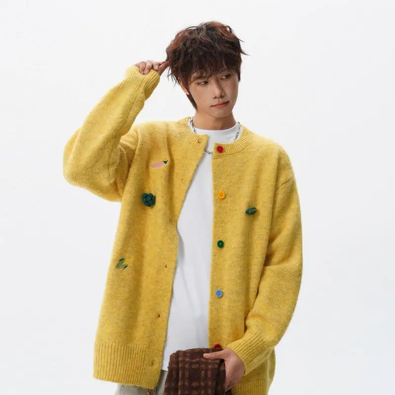 Men's Colorful Button Crew Neck Cardigan Oversized Knit Sweater Korean Style Casual Streetwear Loose Fit Top 2026 Clothing Male