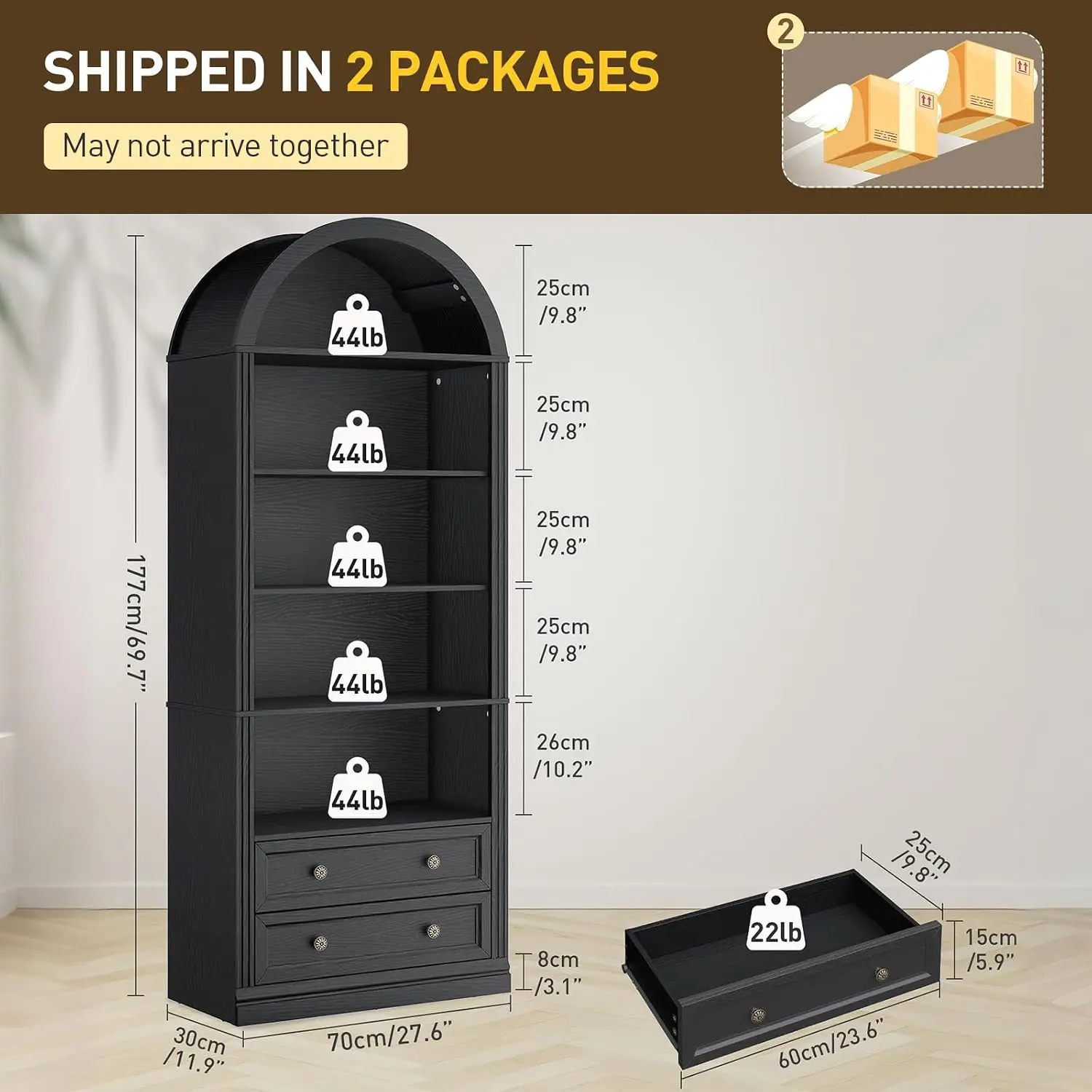 Arched Bookshelf 2-Pack 7-Tier with Drawers & Open Shelves, Storage Cabinet for Office Living Room, Black, Customized