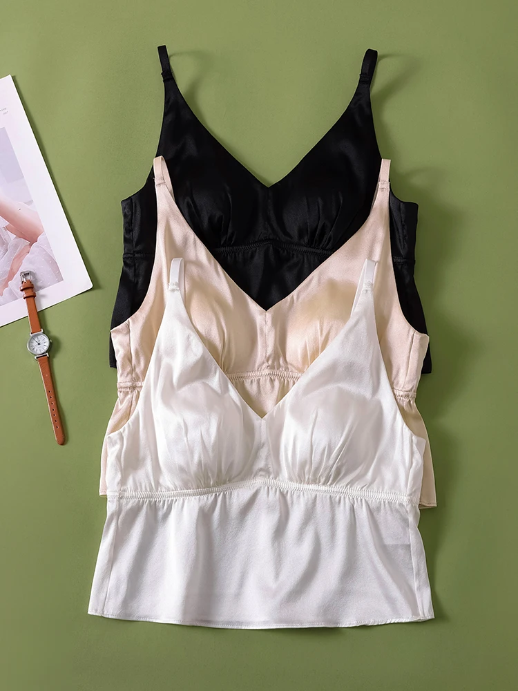 

Silk Satin V-ne Strap Vest Women's Innerwear Outerwear Beautiful Ba No Bra One-piece Summer Svel Tank Top
