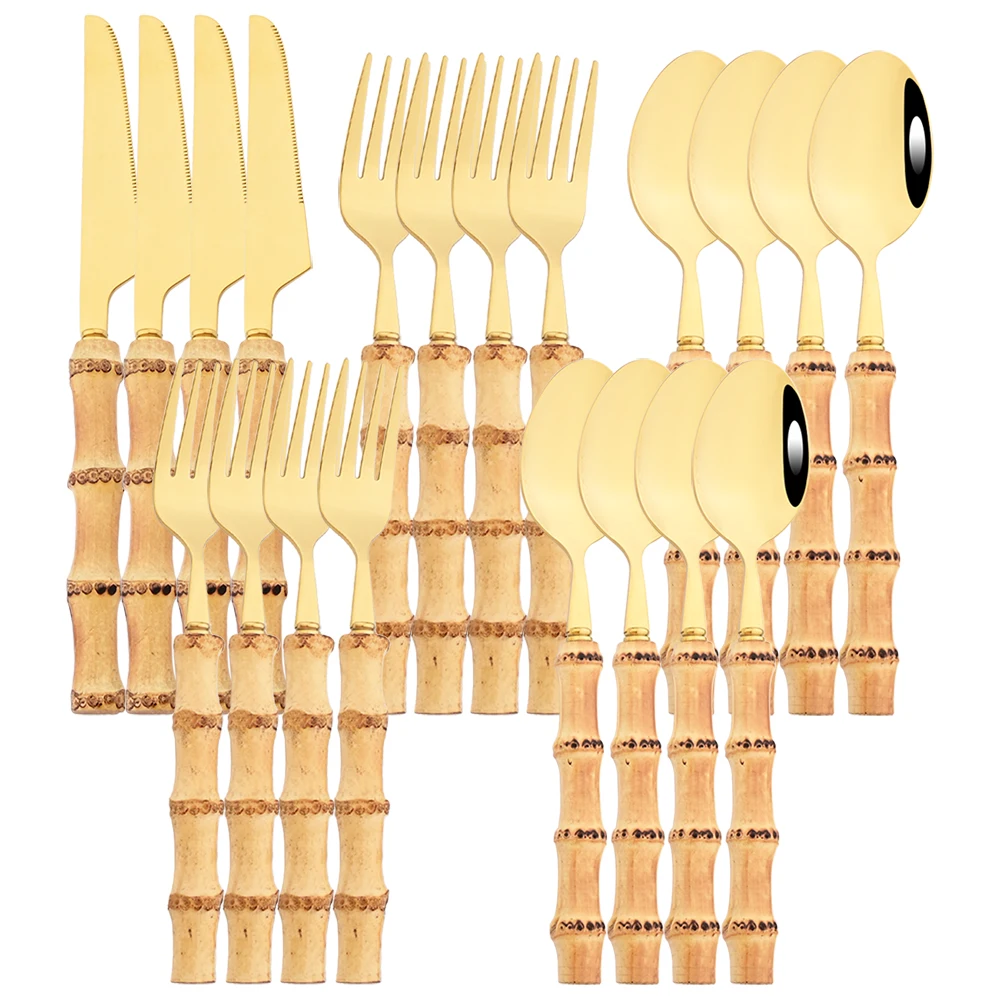 

20Pcs Gold Bamboo Handle Cutlery Set 304 Stainless Steel Dinnerware Set Knife Dessert Fork Spoon Tableware Home Kitchen Flatware