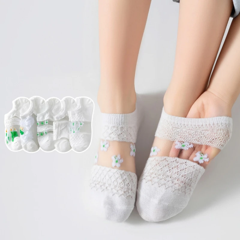 5 Pairs/Lot Children Girls Socks Summer Breathable Short Ankle Socks For 3-12 Years Kids Soft Cotton Princess Mesh Socks