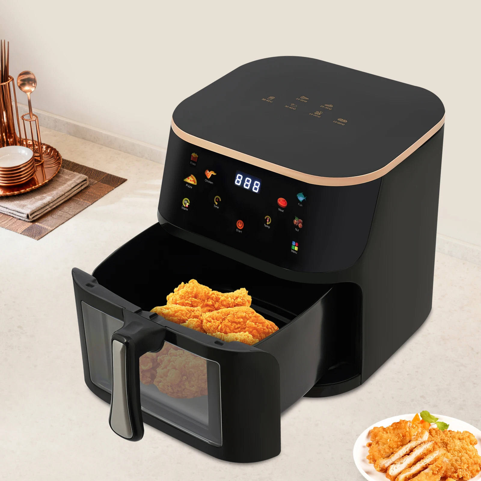 four-a-friteuse-a-air-12l-fenetre-transparente-pour-repas-familiaux-cuisson-rotissage-gril-grill-pain-grille-reglage-reglable-1400w