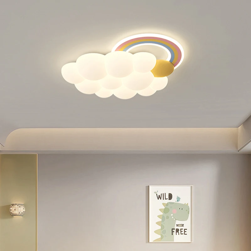 Cartoon Rainbow Chandelier Lights White Cloud Ceiling Lamp Kids Baby Bedroom Chandelier Lamps with Hanging Horse Rabbit Bear