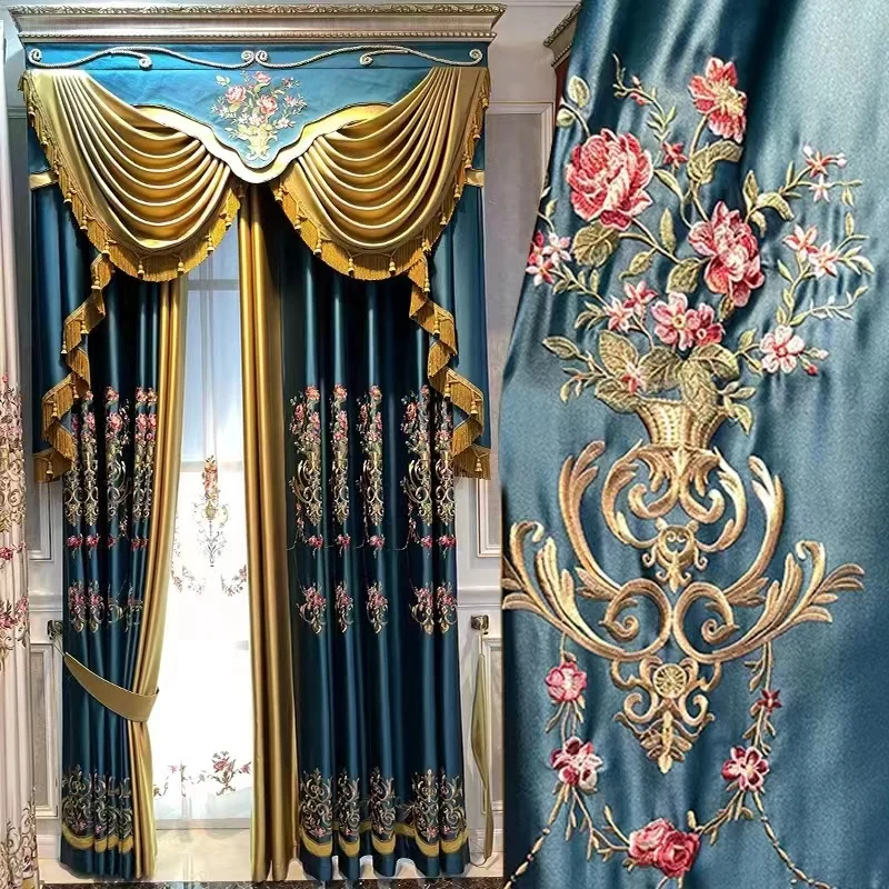 Luxury Style Curtain Embroidery  Fancy Texture Design European 3d High Quality Landscape Blackout Green Blue 1 Piece