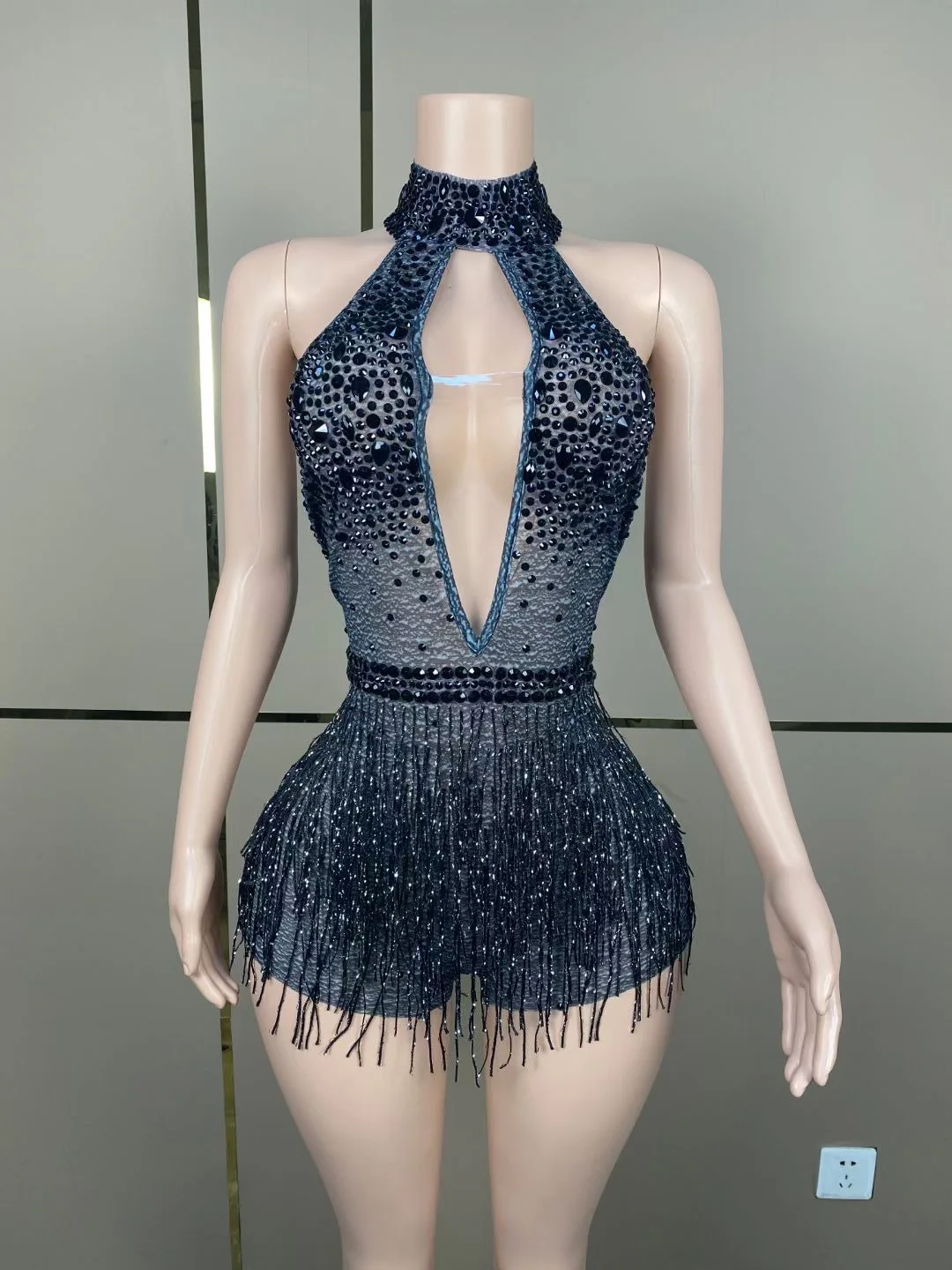 

Classical Modern Dancewear Sparkly Mesh Tassel Dress Black for Dancing Show Clubwear