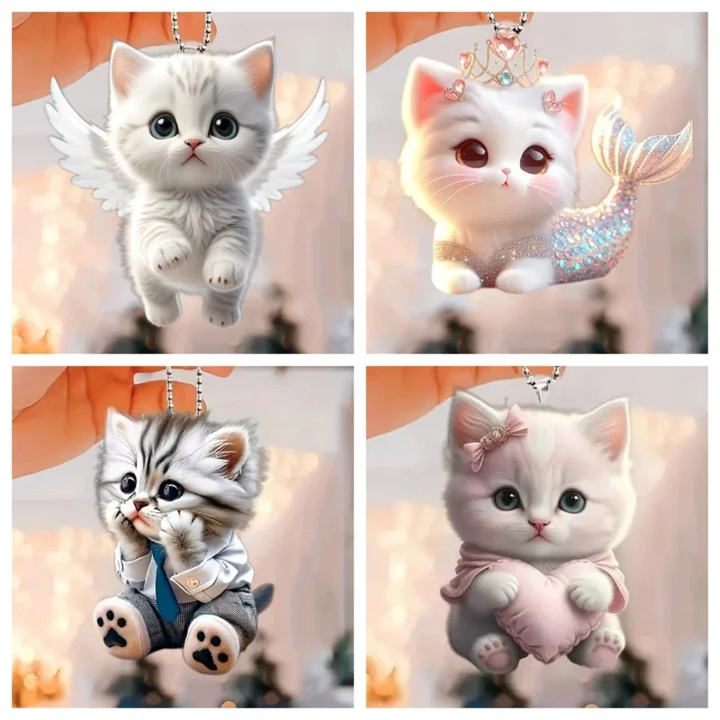 

4PCS Car Hanging Pendulum Rearview Mirror Decoration Cute Kitten 2D Plane Acrylic Hanging Pendulum Car Decoration Holiday Gifts