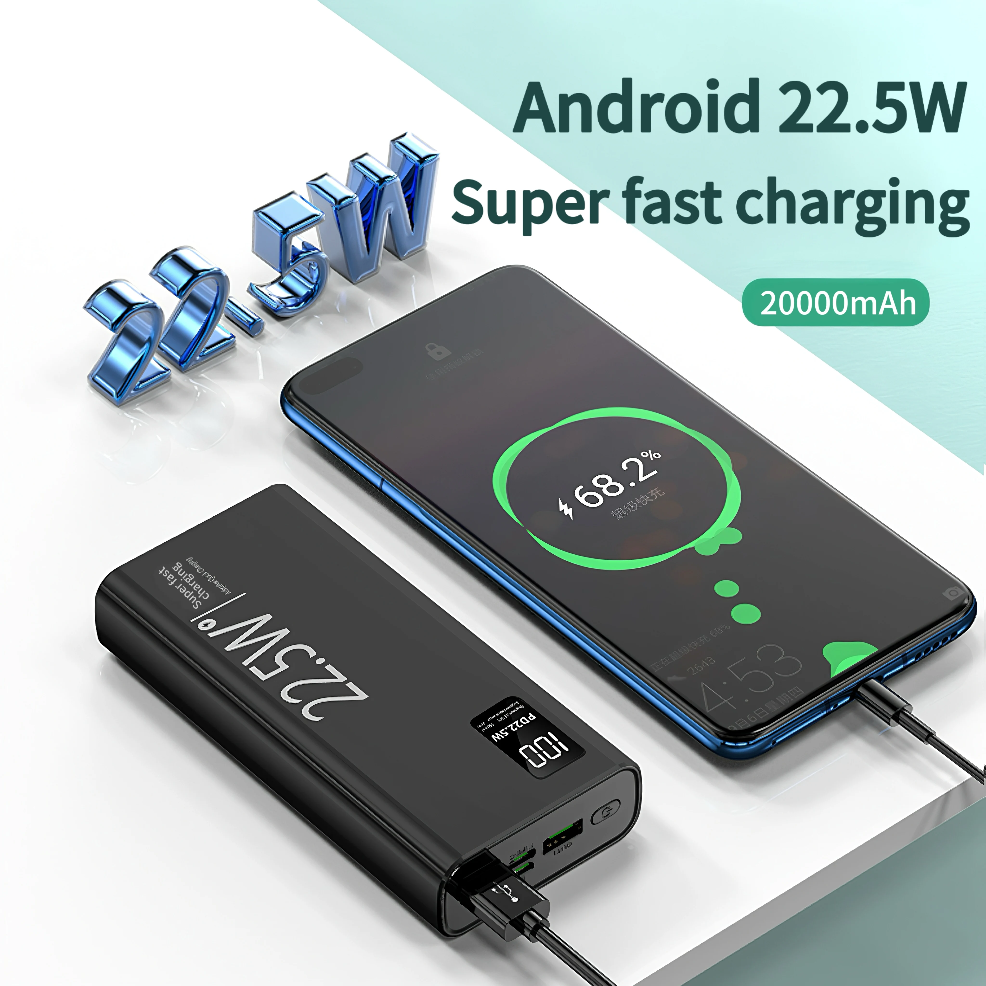 Новинка для 2025 powerbank 20000 мАч, ультрапортативный запасной аккумулятор, быстрая зарядка, 22,5 Вт, PD, 20 Вт, со встроенным кабелем, экраном